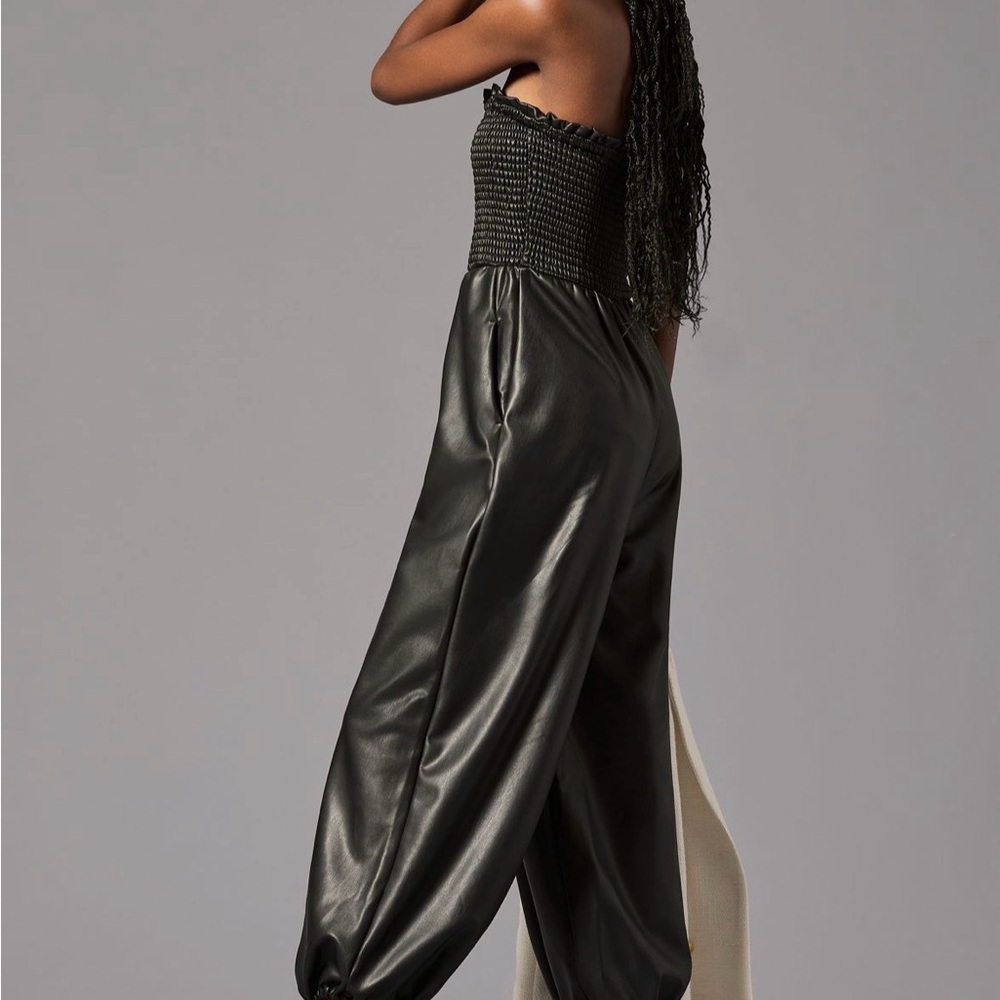 Anthropologie Faux Leather Black Strapless Balloon Jumpsuit - Picture 3 of 7